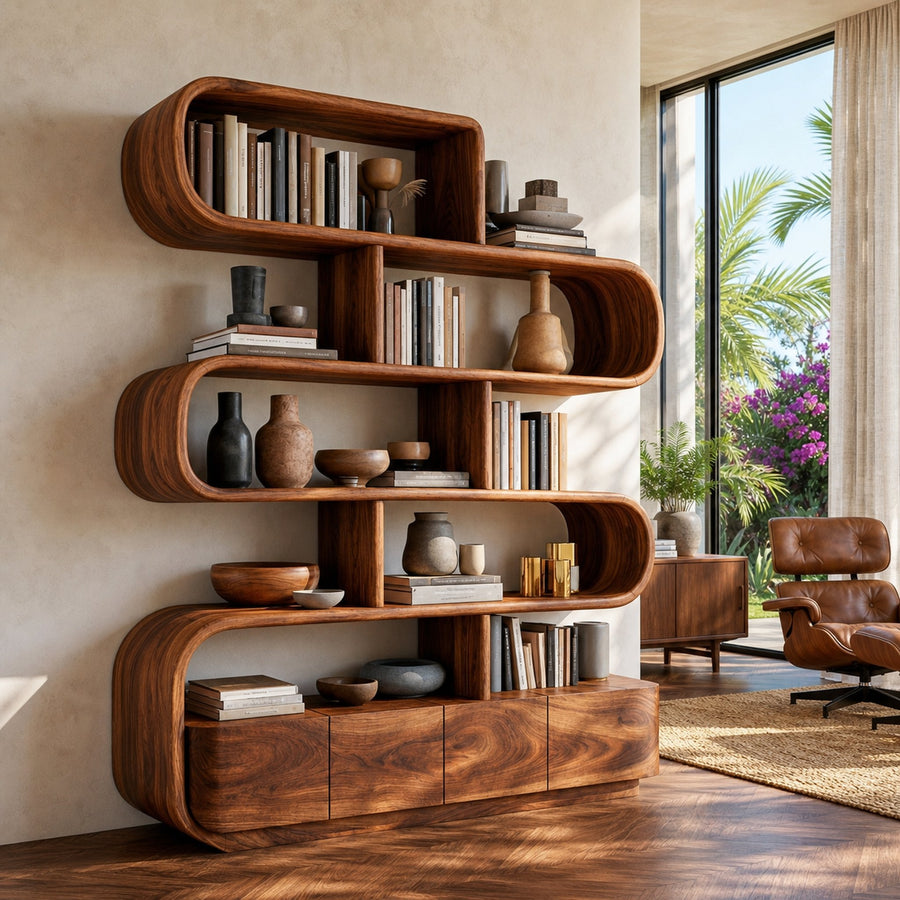 Organic Wooden Bookshelf With Flowing Form For Home Interior