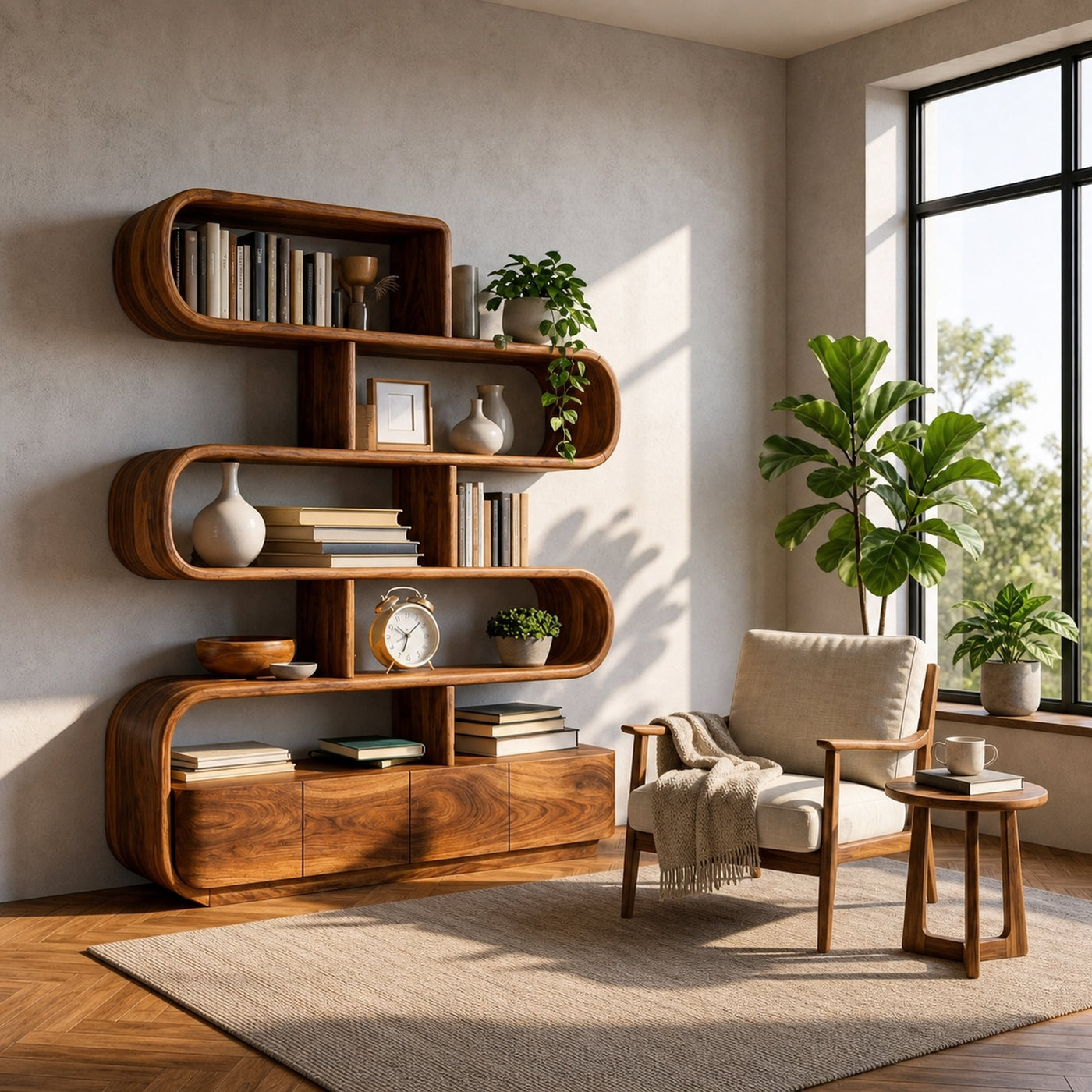 Organic Wooden Bookshelf With Flowing Form For Home Interior - product view 6