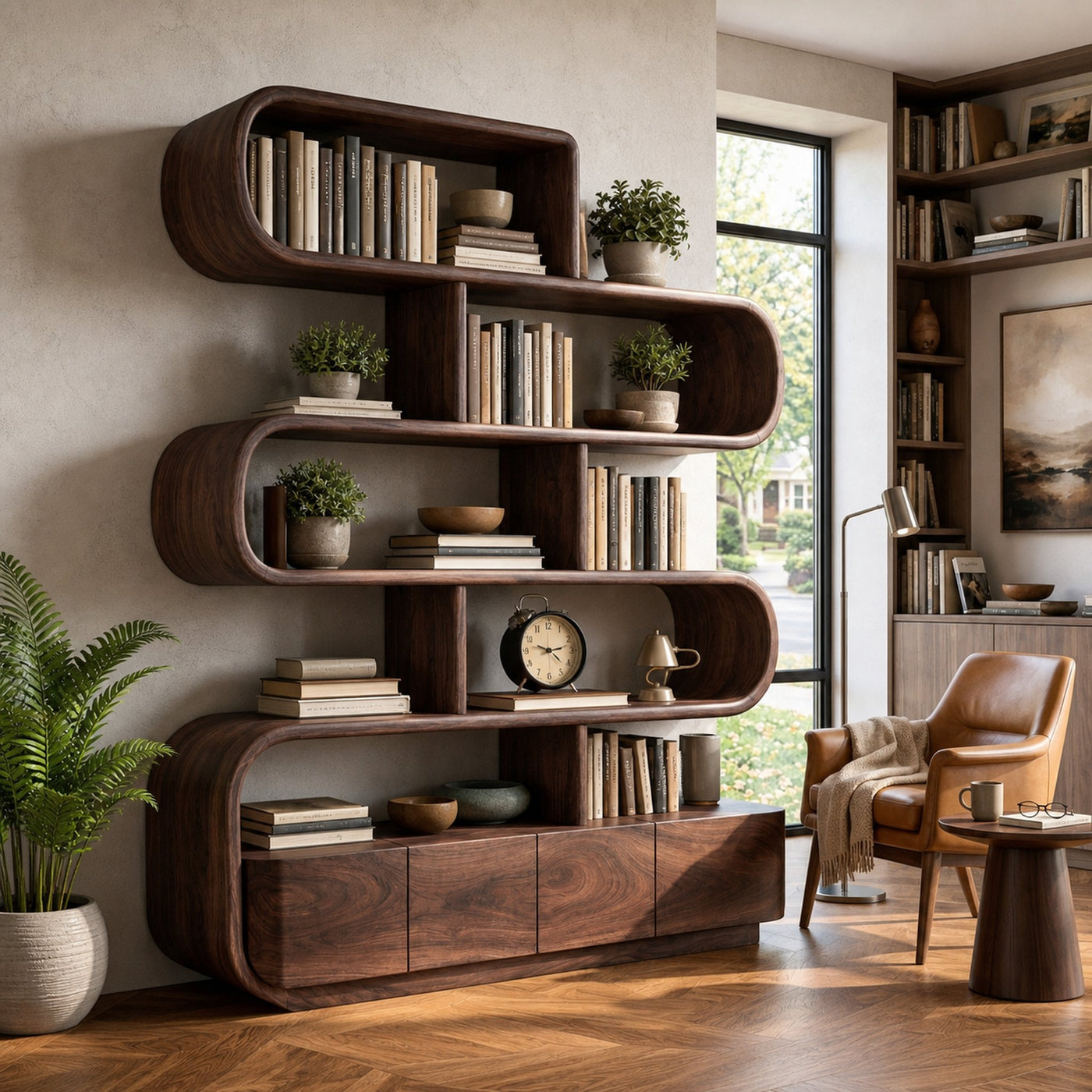 Organic Wooden Bookshelf With Flowing Form For Home Interior - product view 7