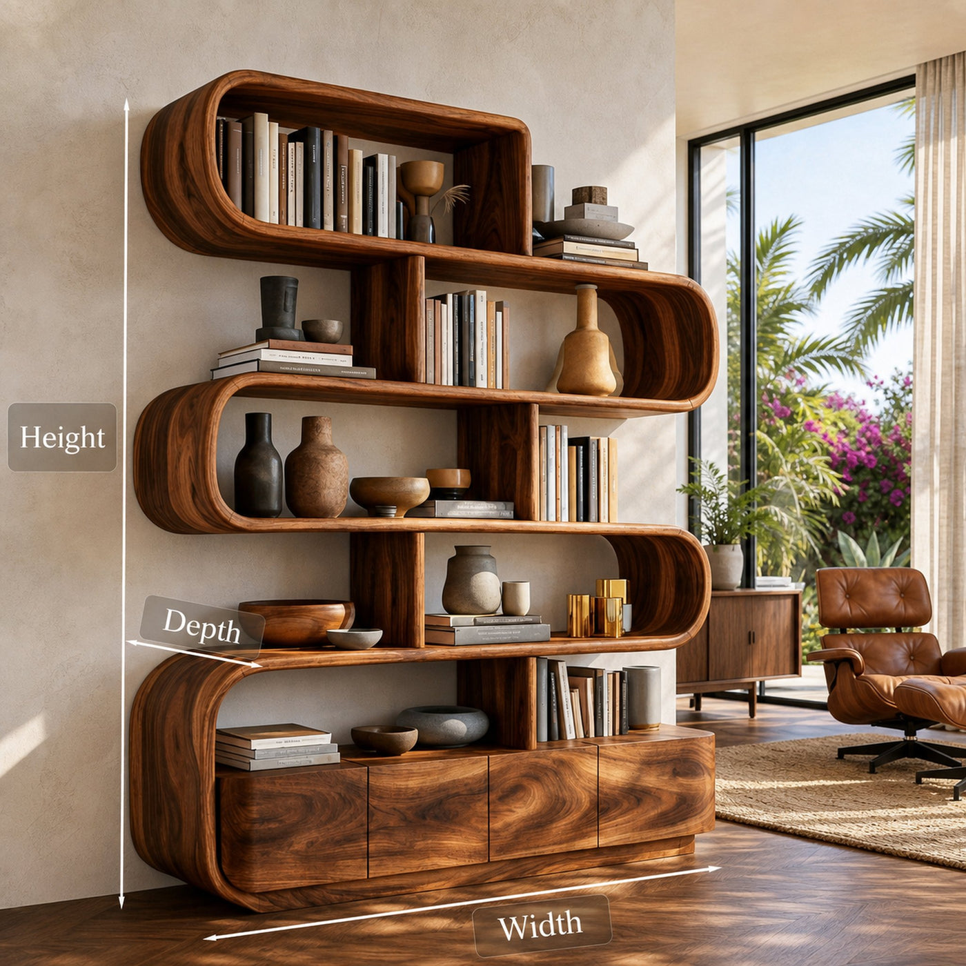 Organic Wooden Bookshelf With Flowing Form For Home Interior - product view 8