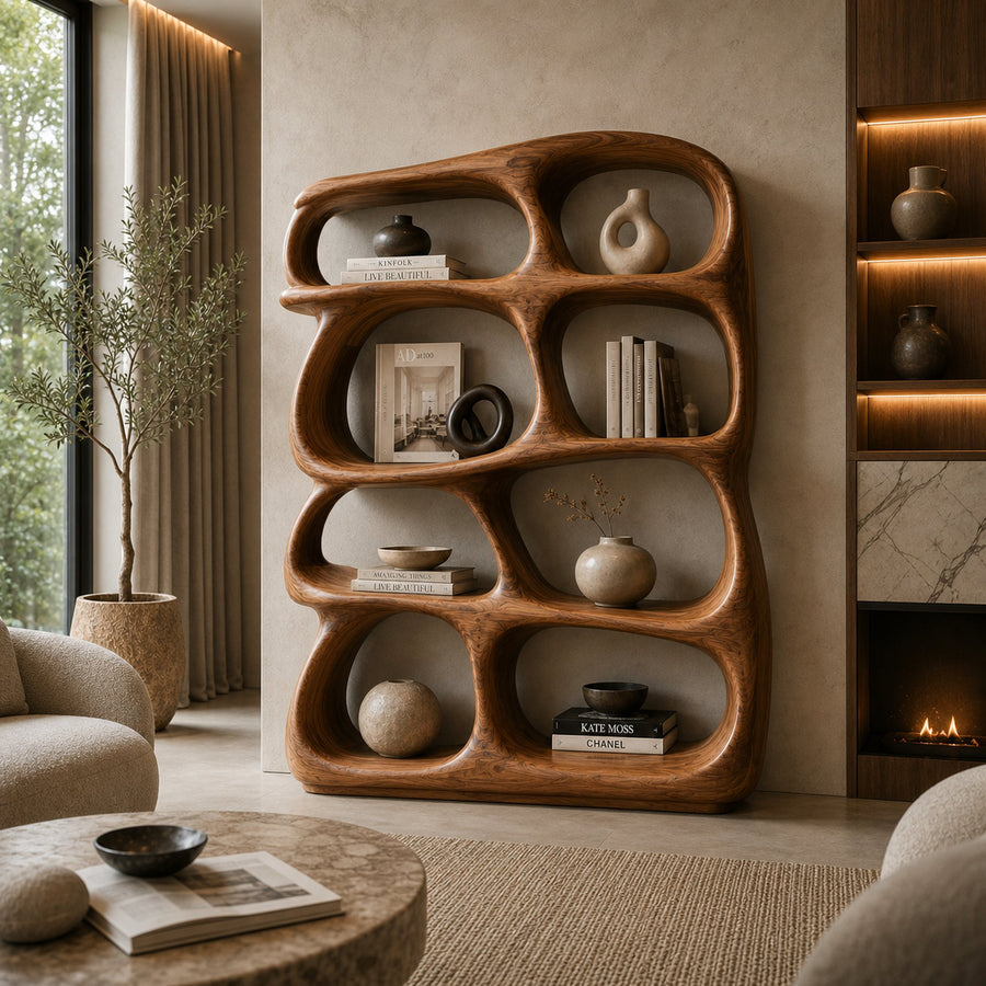 Organic Wooden Bookshelf With Sculptural Open Shelving For Living Room