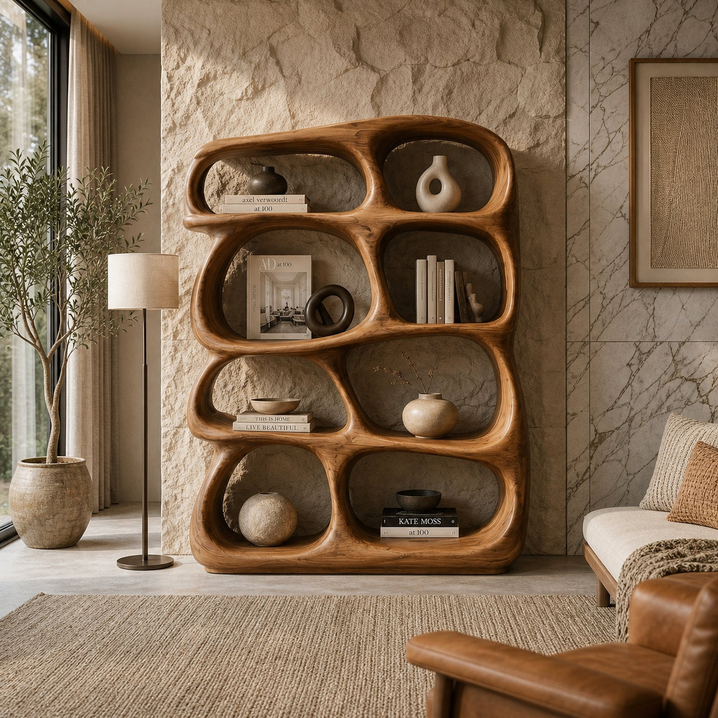 Organic Wooden Bookshelf With Sculptural Open Shelving For Living Room - product view 6