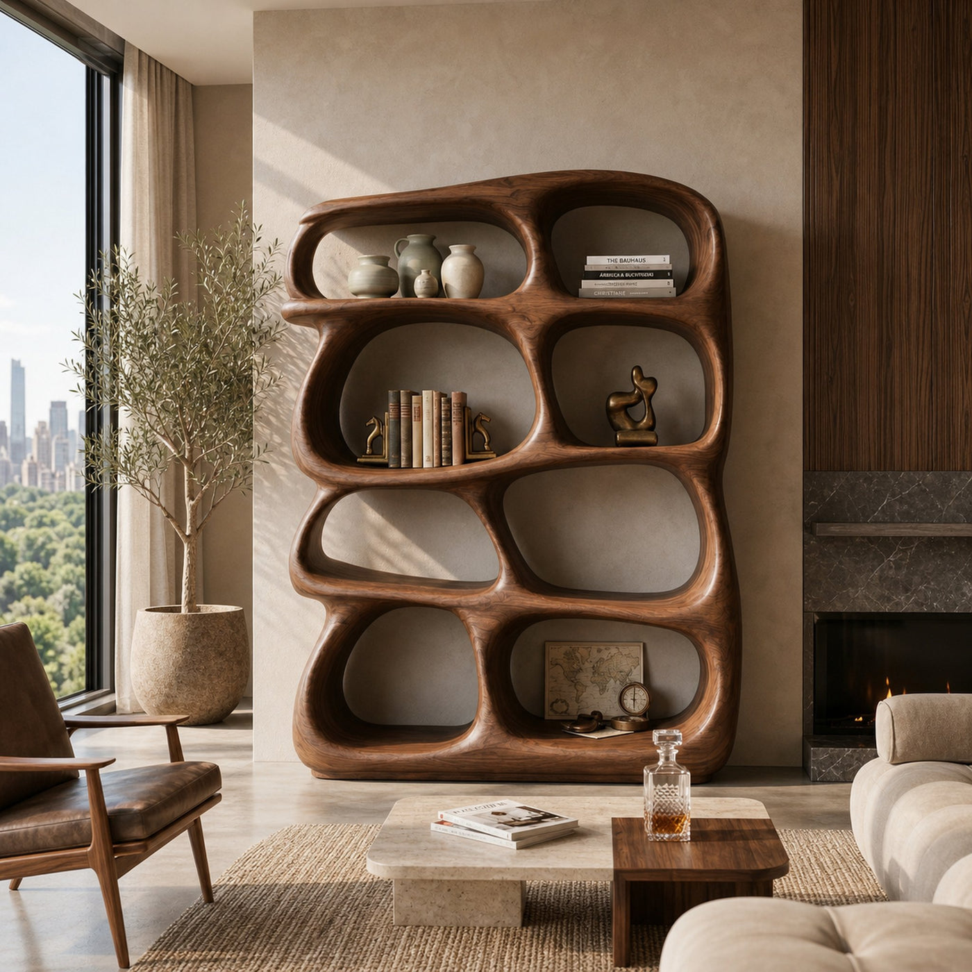 Organic Wooden Bookshelf With Sculptural Open Shelving For Living Room - product view 7