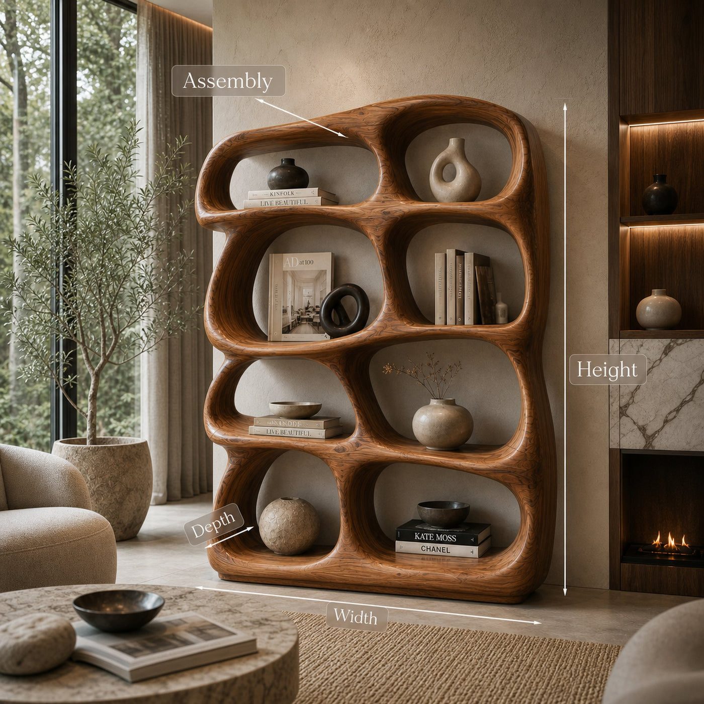 Organic Wooden Bookshelf With Sculptural Open Shelving For Living Room - product view 8