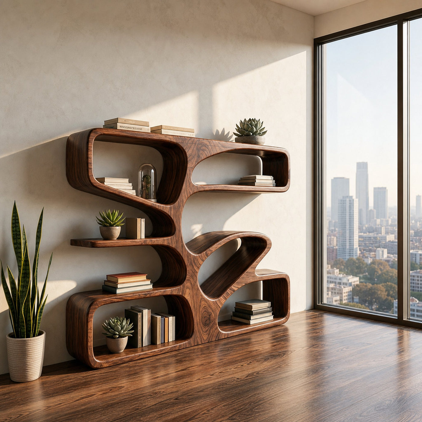 Organic Wooden Bookshelf With Sculpture Form For Home