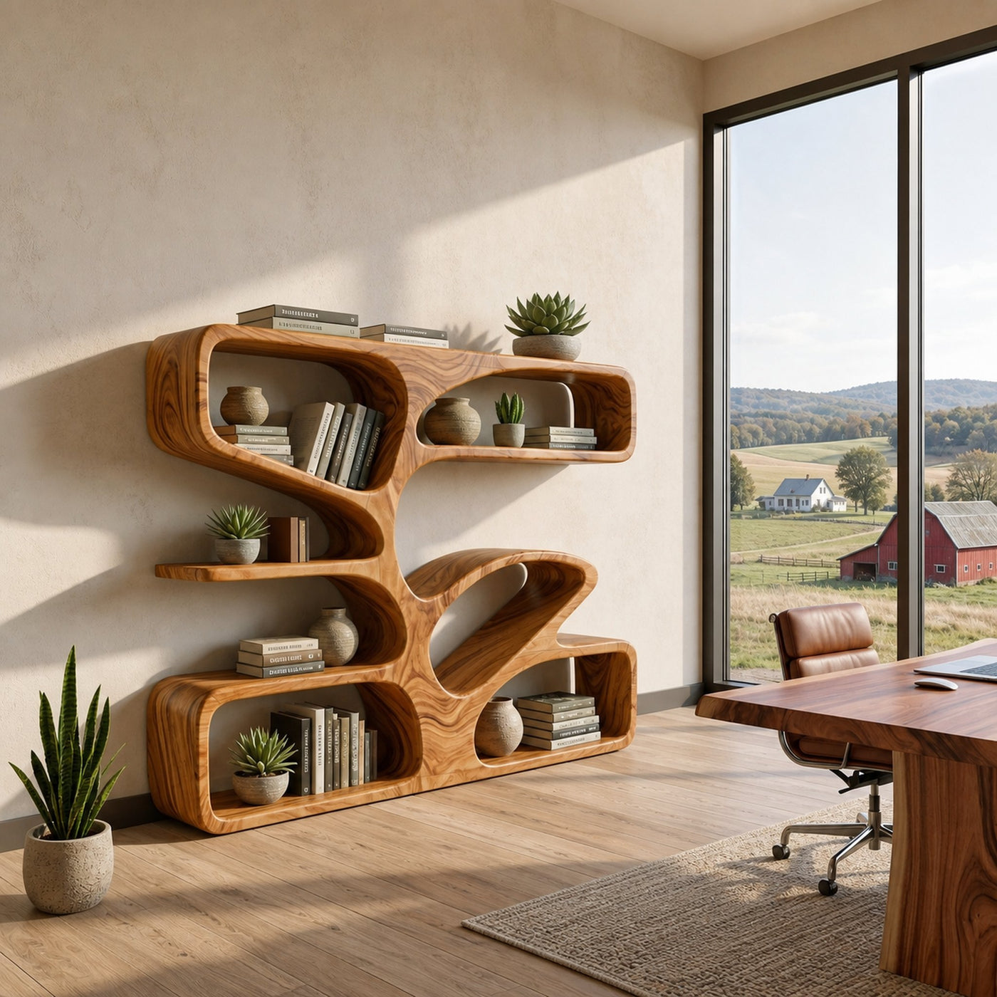 Organic Wooden Bookshelf With Sculpture Form For Home - product view 6