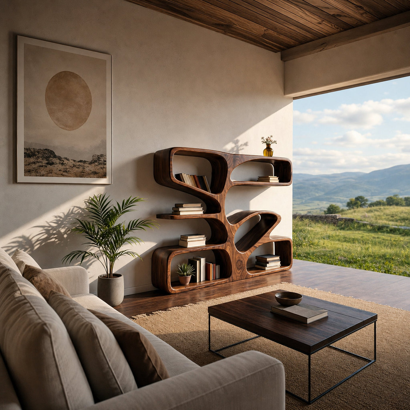 Organic Wooden Bookshelf With Sculpture Form For Home - product view 7