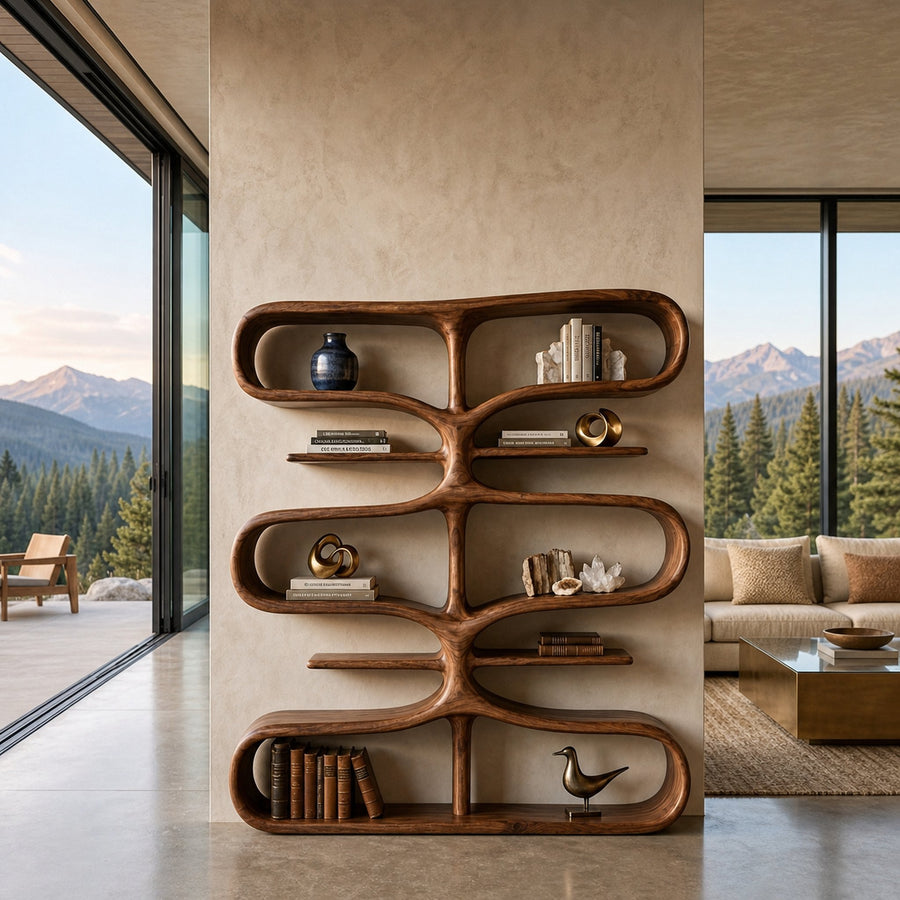 Organic Wooden Bookshelf With Storage Function For Living Furniture