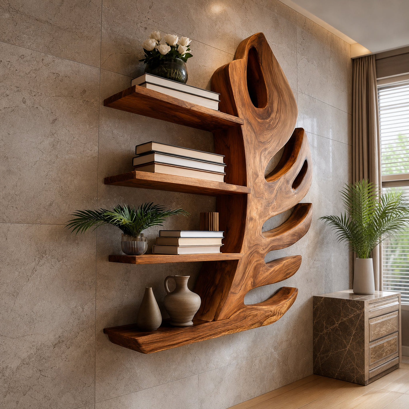 Organic Wooden Botanical Leaf Floating Bookshelf For Living Furniture
