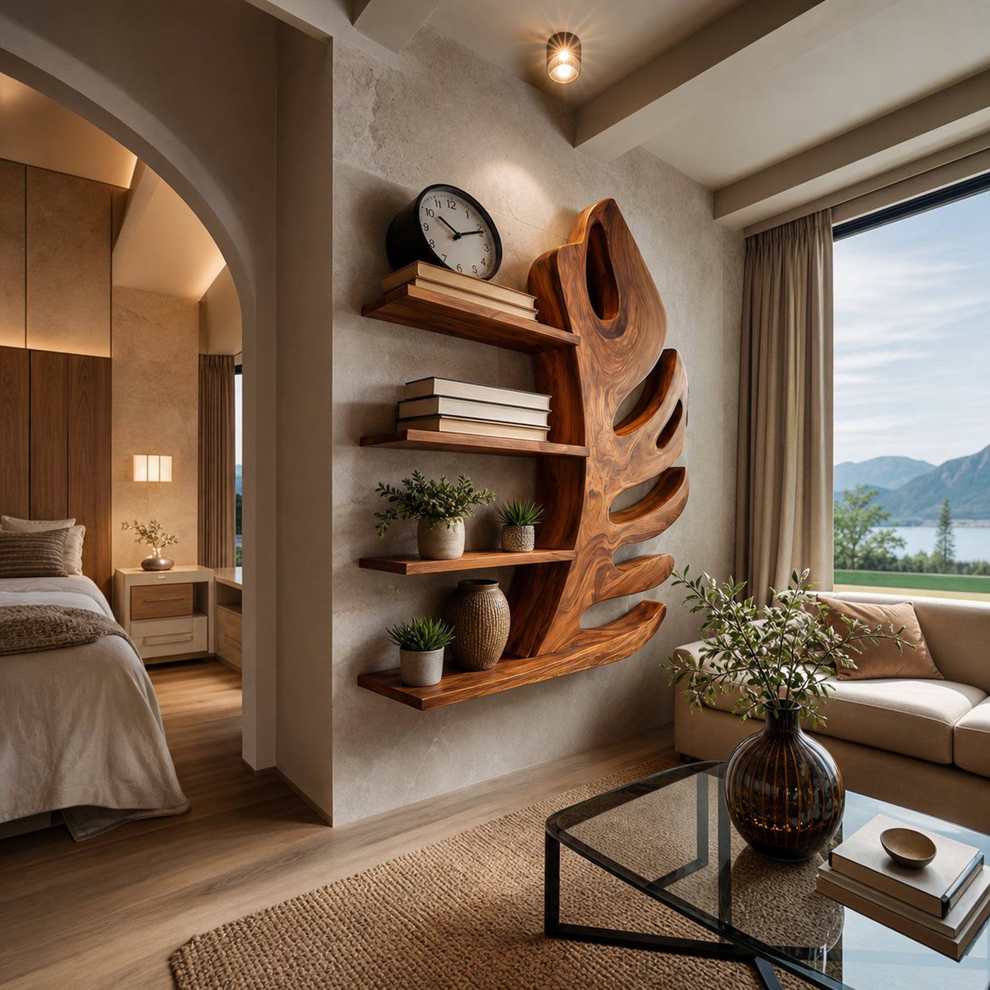 Organic Wooden Botanical Leaf Floating Bookshelf For Living Furniture - product view 7