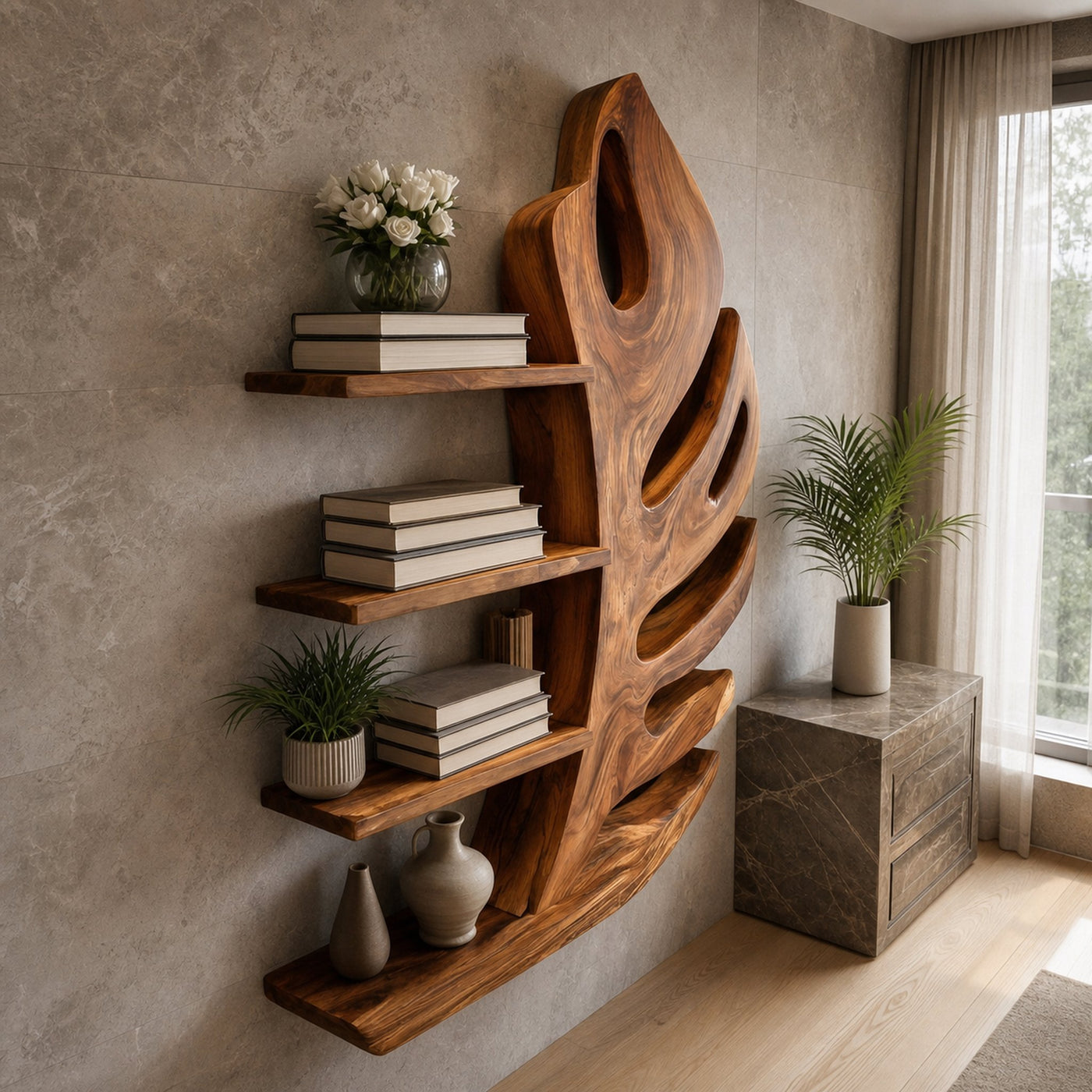 Organic Wooden Botanical Leaf Floating Bookshelf For Living Furniture - product view 8