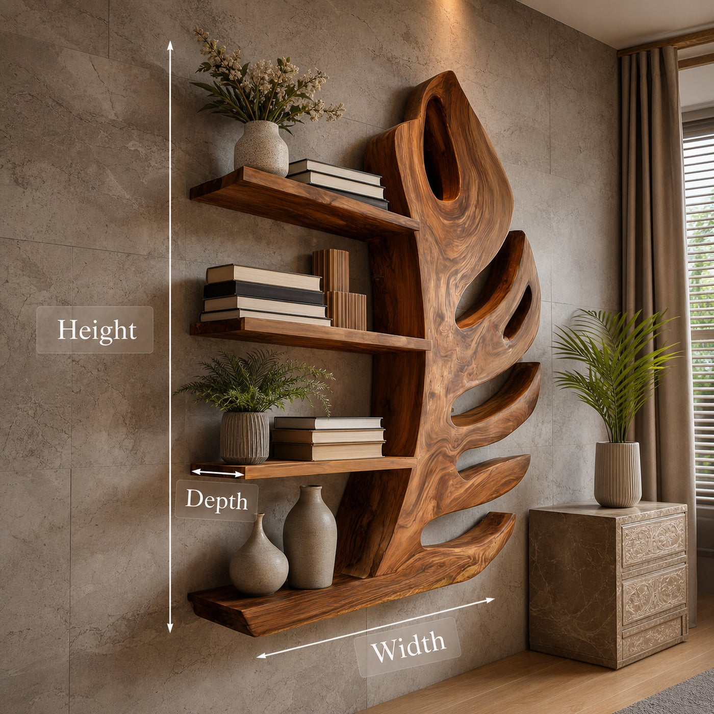 Organic Wooden Botanical Leaf Floating Bookshelf For Living Furniture - product view 9