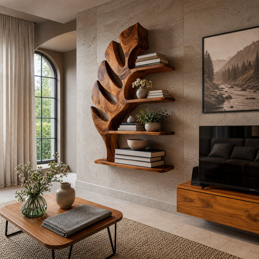 Organic Wooden Leaf Bookshelf For Books Plants And Decorative Objects