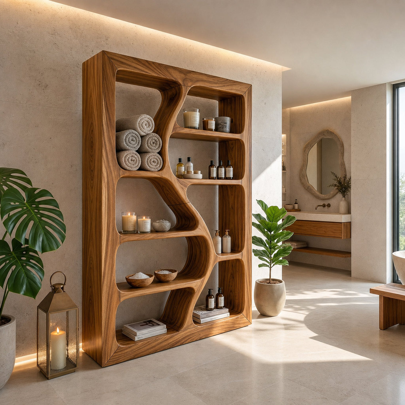 Organic Wooden Storage Shelf For Spa Interiors