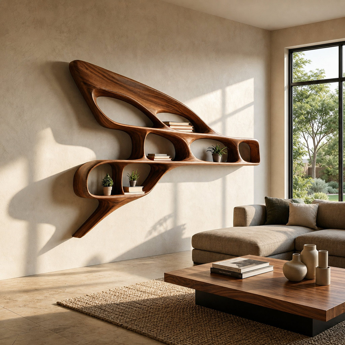 Organic Wooden Wall Bookshelf For Luxury Interior