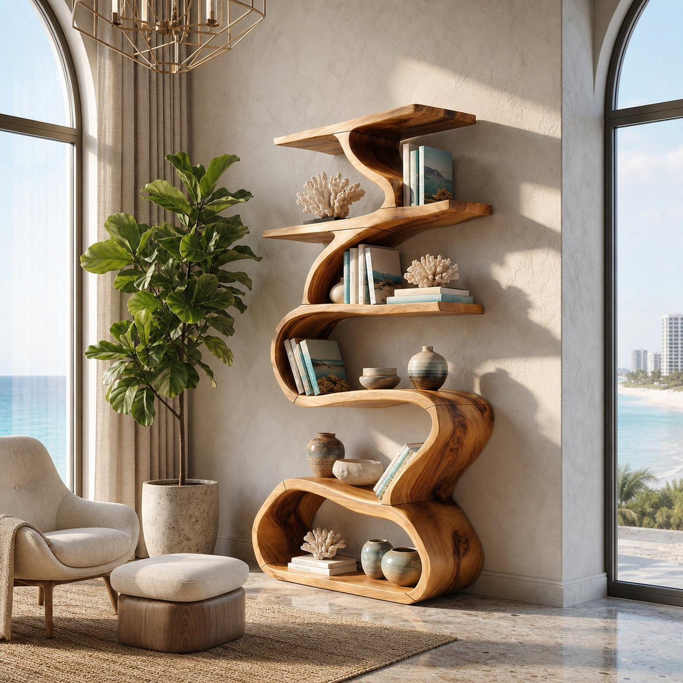 Organic Wooden Wall Bookshelf With Flowing Curves