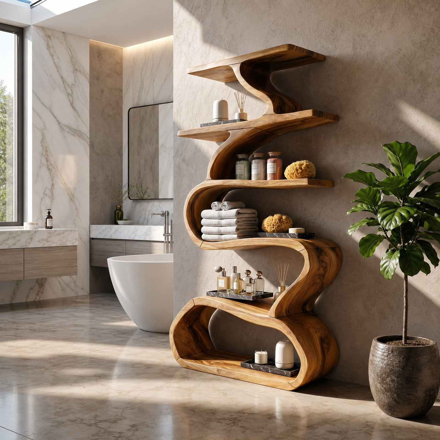 Organic Wooden Wall Bookshelf With Flowing Curves - product view 6