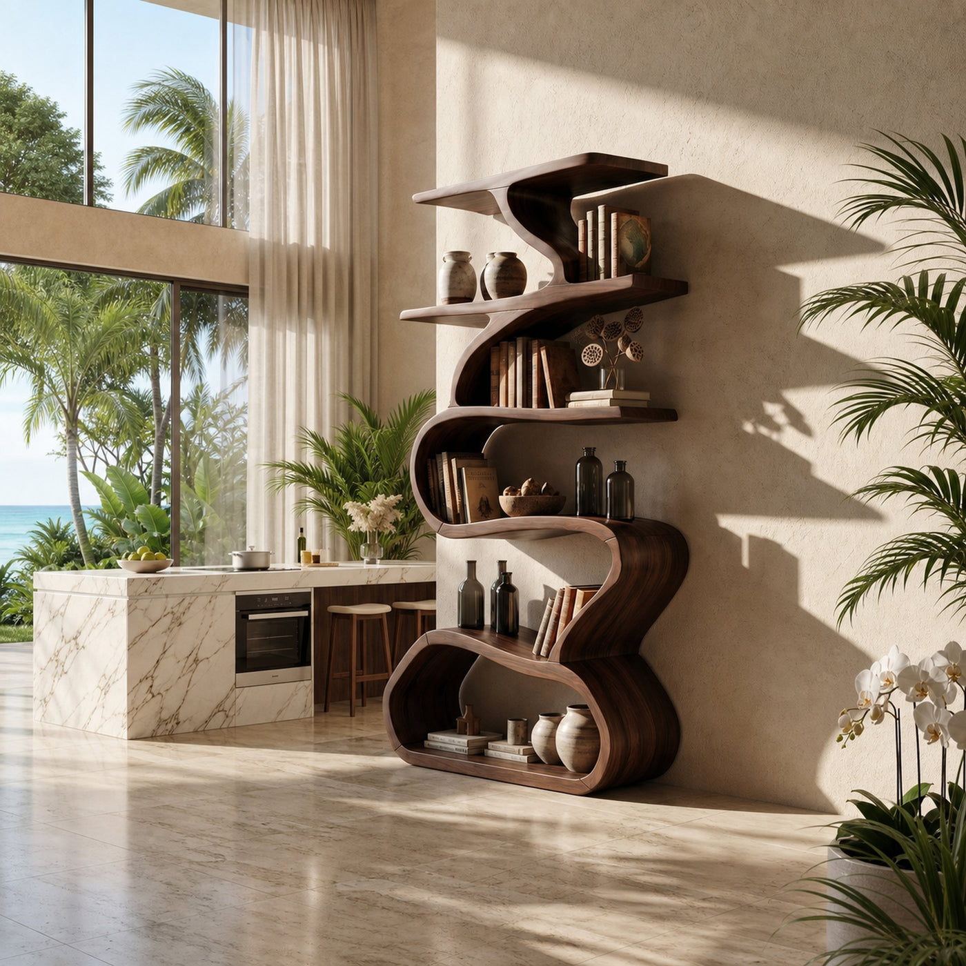 Organic Wooden Wall Bookshelf With Flowing Curves - product view 7