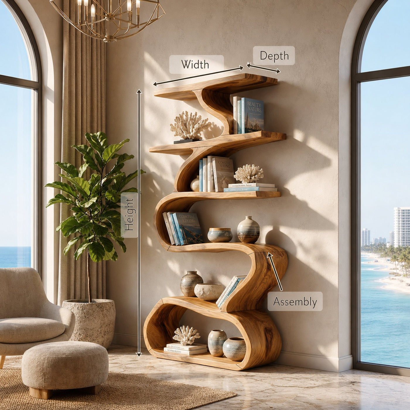 Organic Wooden Wall Bookshelf With Flowing Curves - product view 8