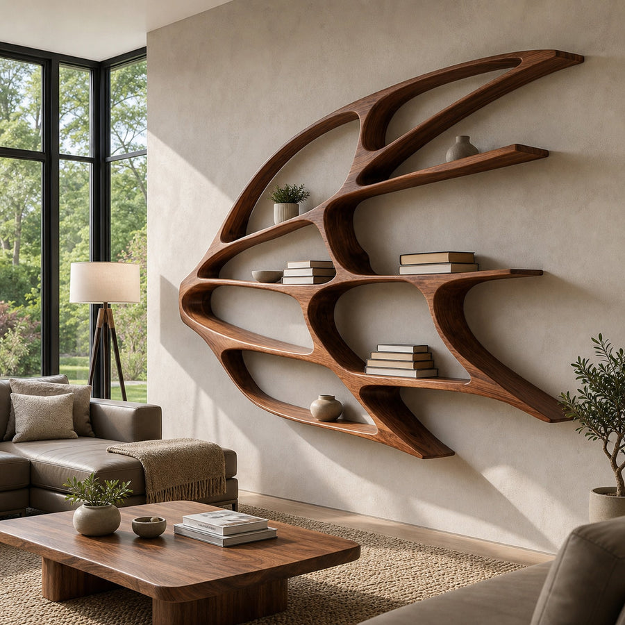Organic Wooden Wall Mounted Bookshelf For Home Living