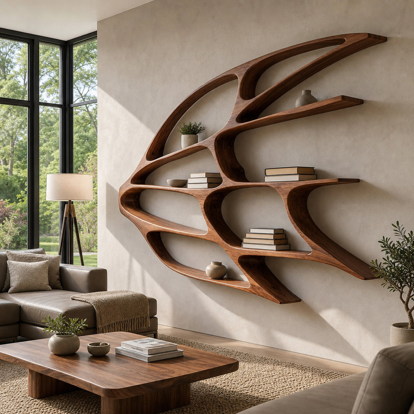 Organic Wooden Wall Mounted Bookshelf For Home Living