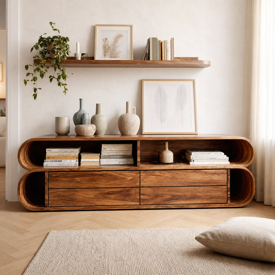 Rounded Edge Cabinet With Open Shelf For Living Room