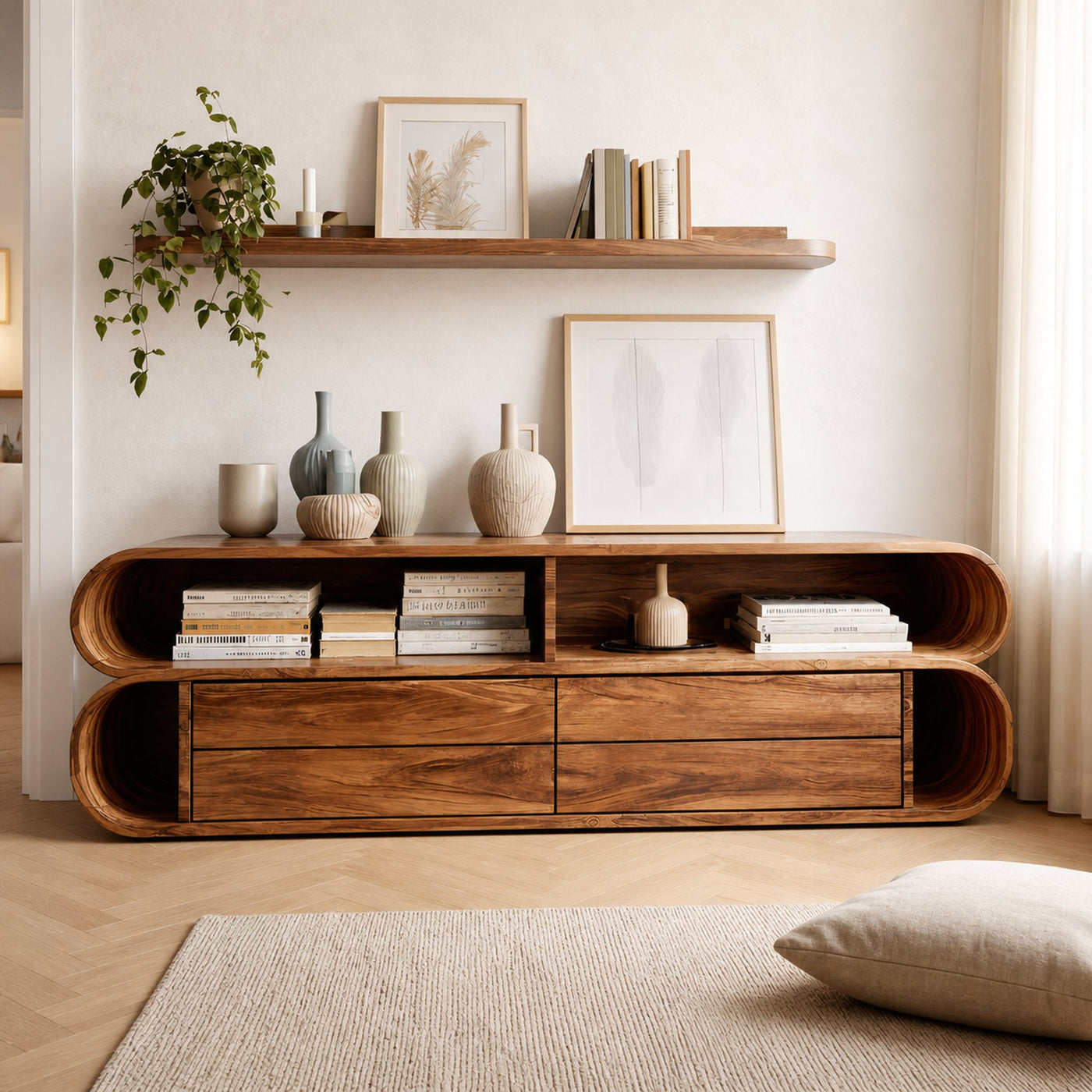 Rounded Edge Cabinet With Open Shelf For Living Room