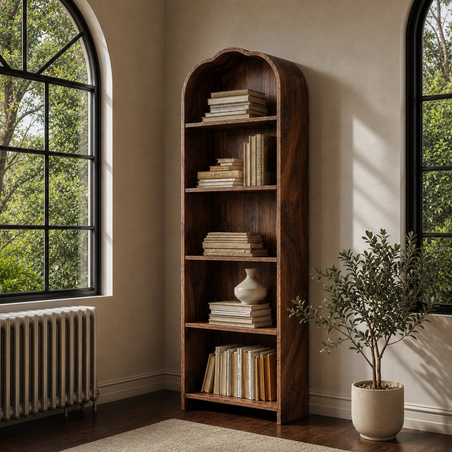 Rustic Arched Bookshelf With Solid Wood Frame And Open Display Shelves For Living Room