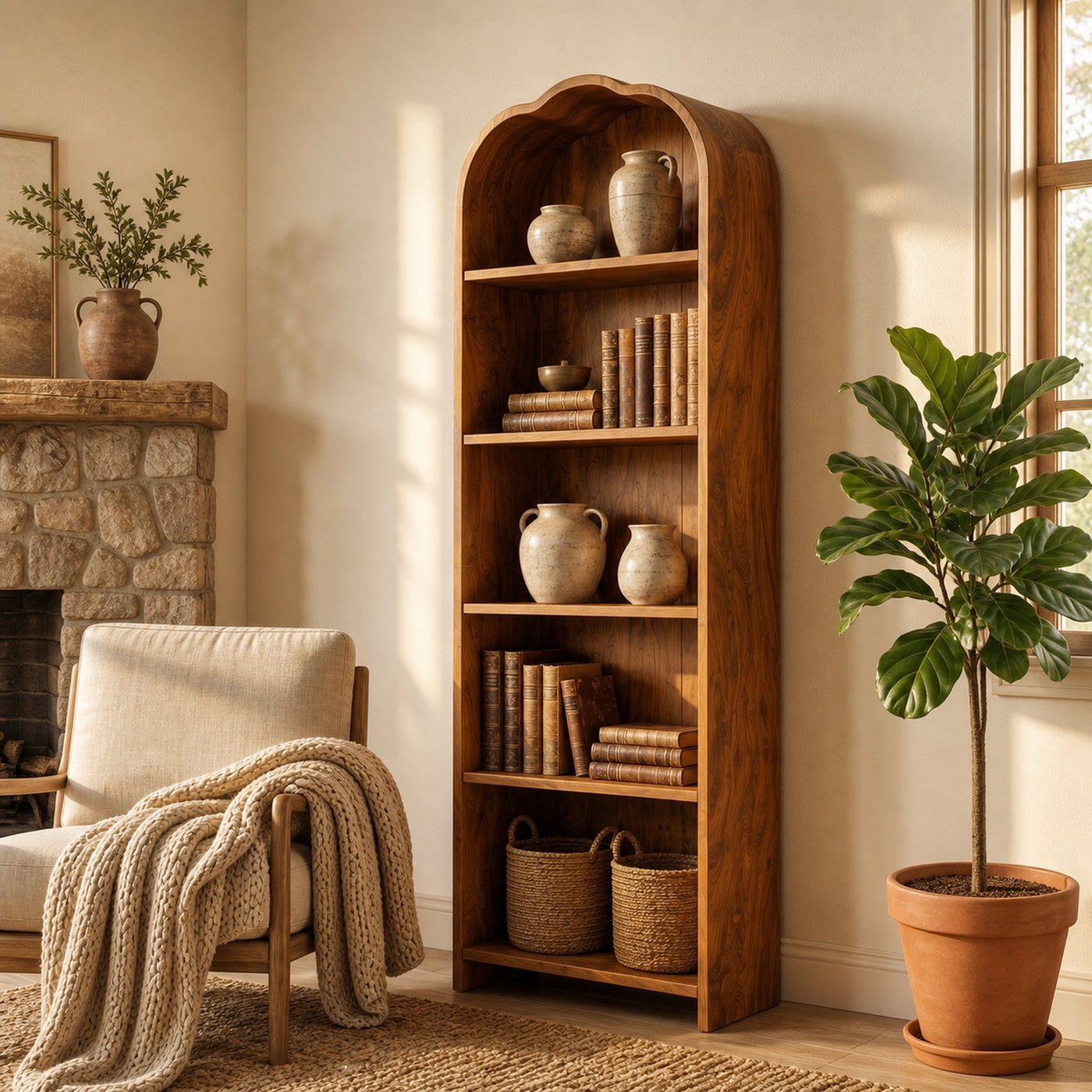 Rustic Arched Bookshelf With Solid Wood Frame And Open Display Shelves For Living Room - product view 6