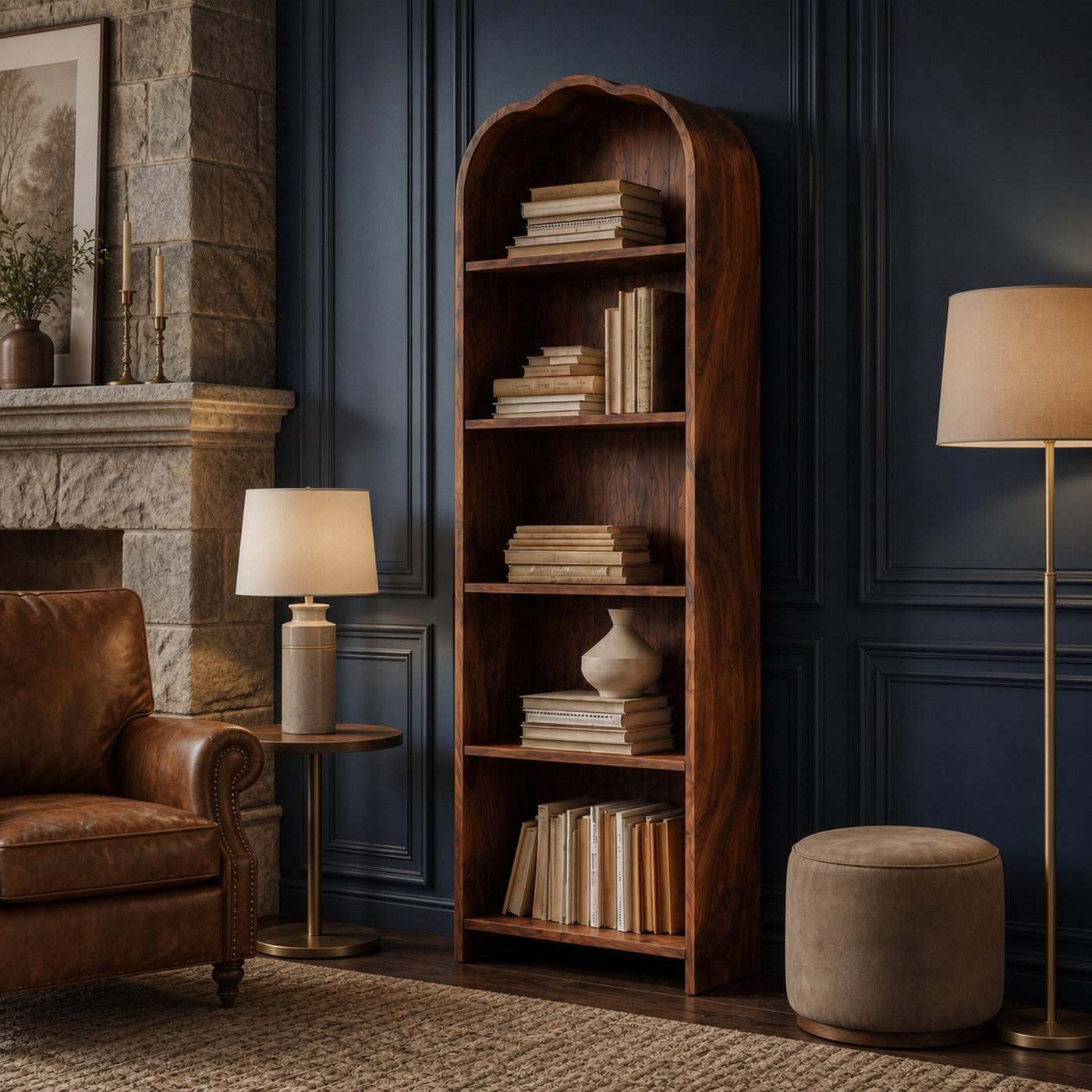 Rustic Arched Bookshelf With Solid Wood Frame And Open Display Shelves For Living Room - product view 7