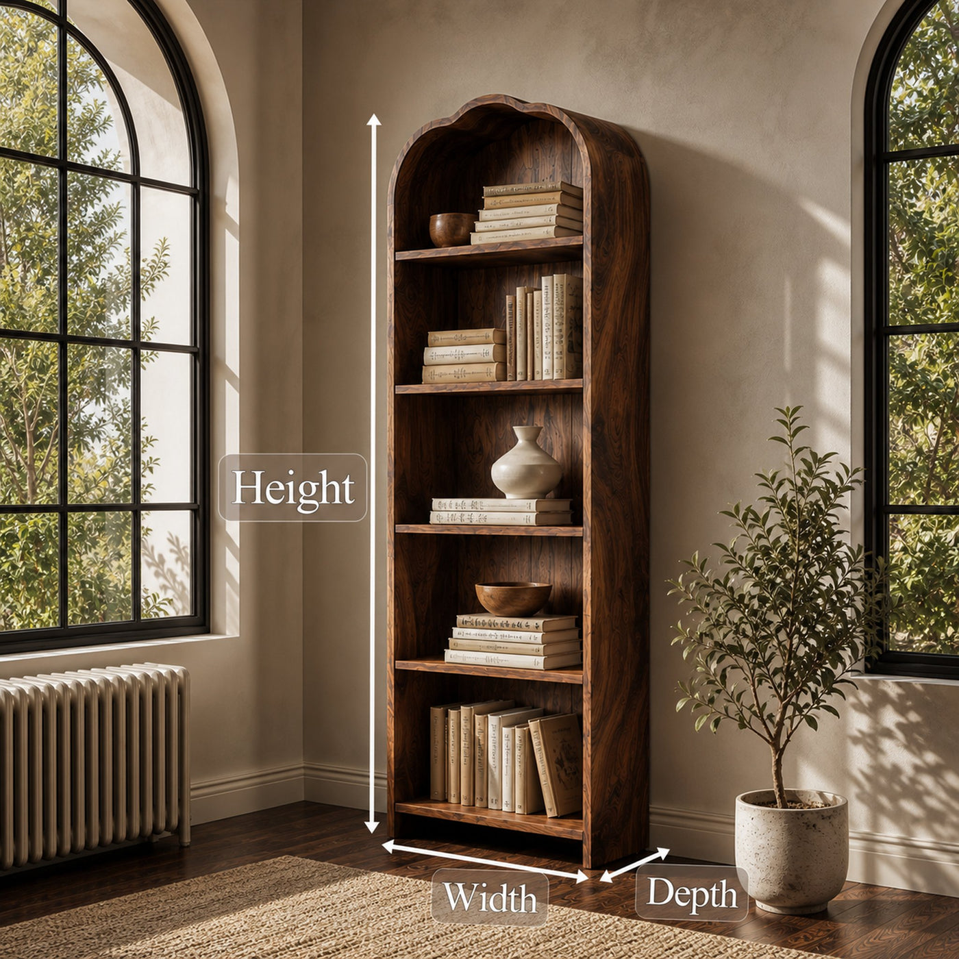 Rustic Arched Bookshelf With Solid Wood Frame And Open Display Shelves For Living Room - product view 8