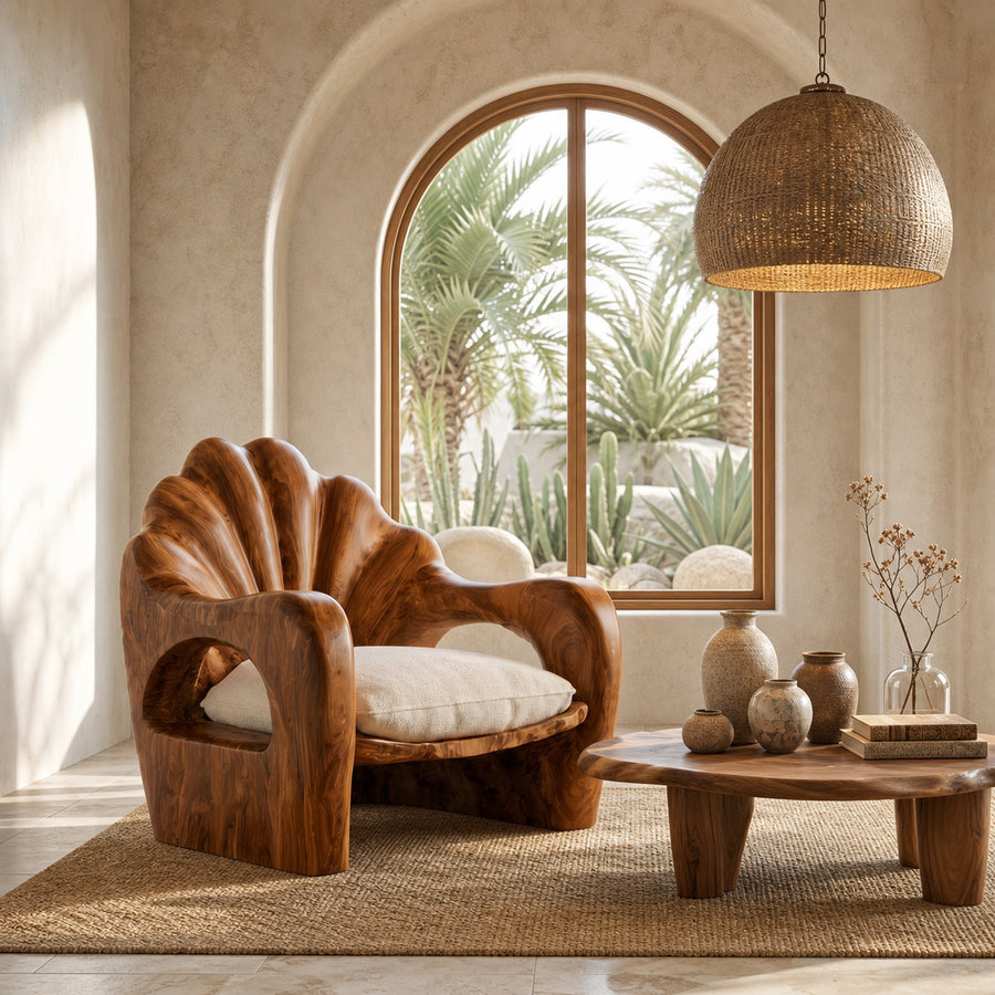 Rustic Armchair With Sculptural Solid Wood Frame For Living Room