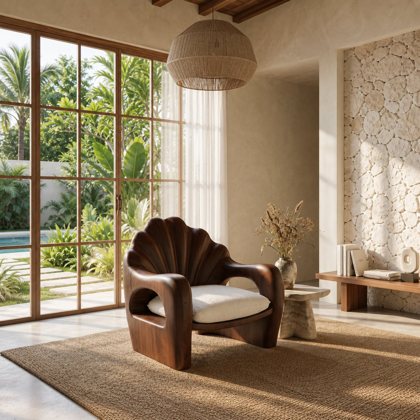 Rustic Armchair With Sculptural Solid Wood Frame For Living Room - product view 7