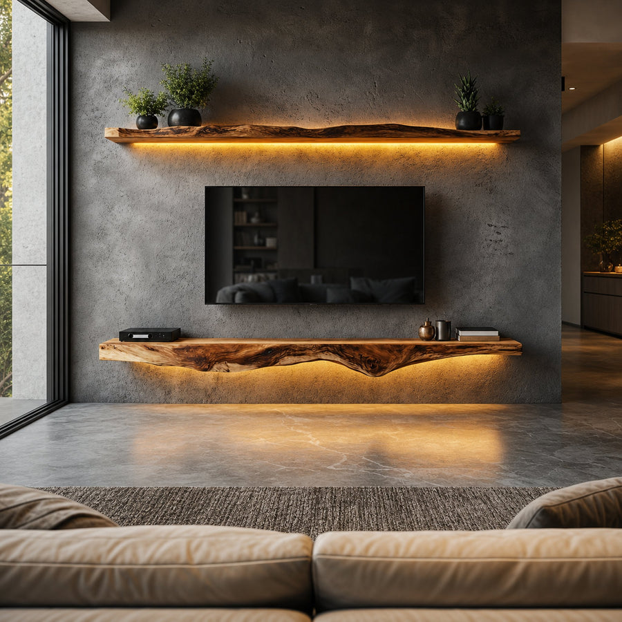 Rustic Artistic Live Edge Floating TV Shelf Solid Wood Living Room Interior Signature Furniture