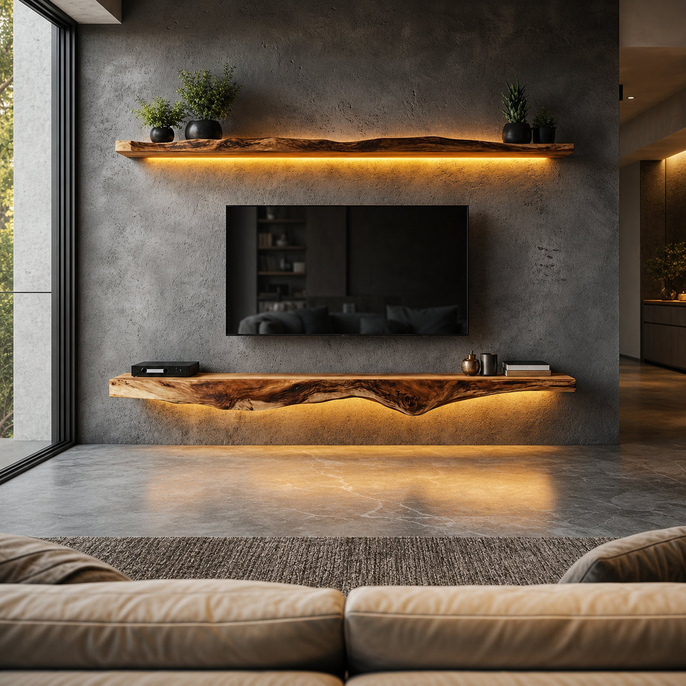 Rustic Artistic Live Edge Floating TV Shelf Solid Wood Living Room Interior Signature Furniture
