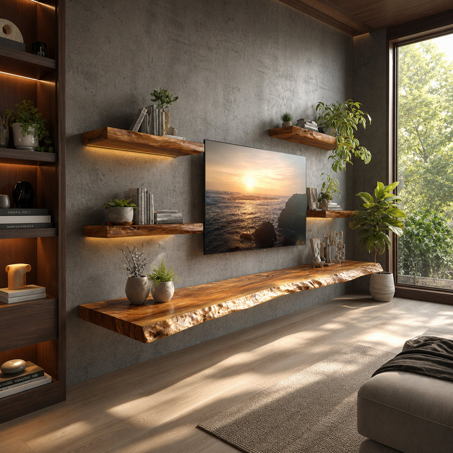 Rustic Artistic Live Edge Floating TV Shelf Solid Wood Living Room Interior Signature Furniture