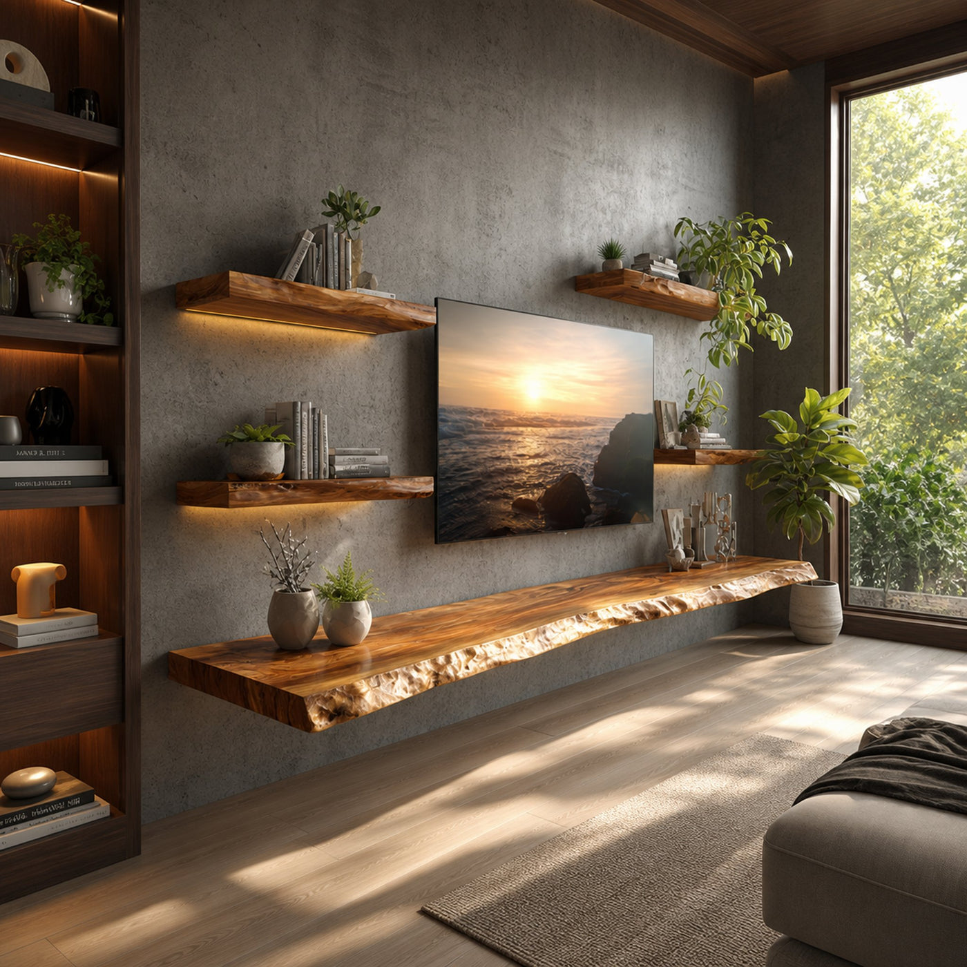 Rustic Artistic Live Edge Floating TV Shelf Solid Wood Living Room Interior Signature Furniture