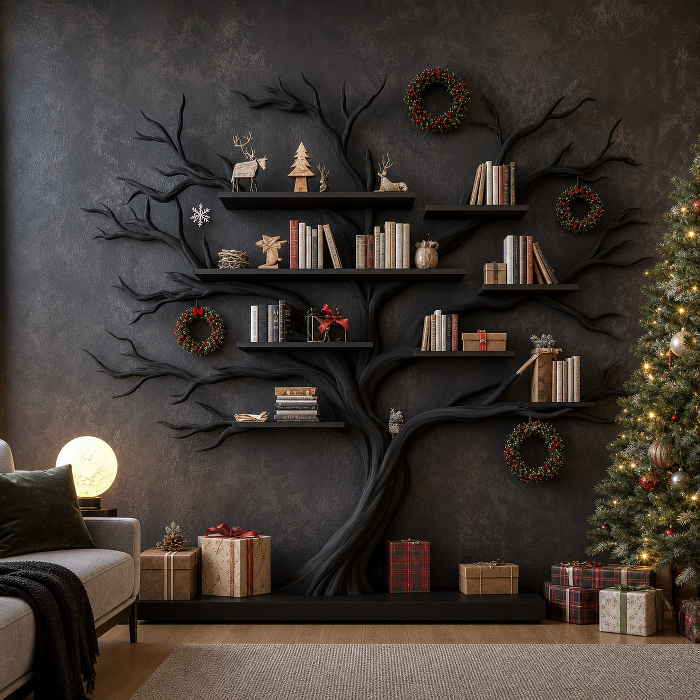 Rustic Artistic Tree Bookshelf Living Room Christmas Display