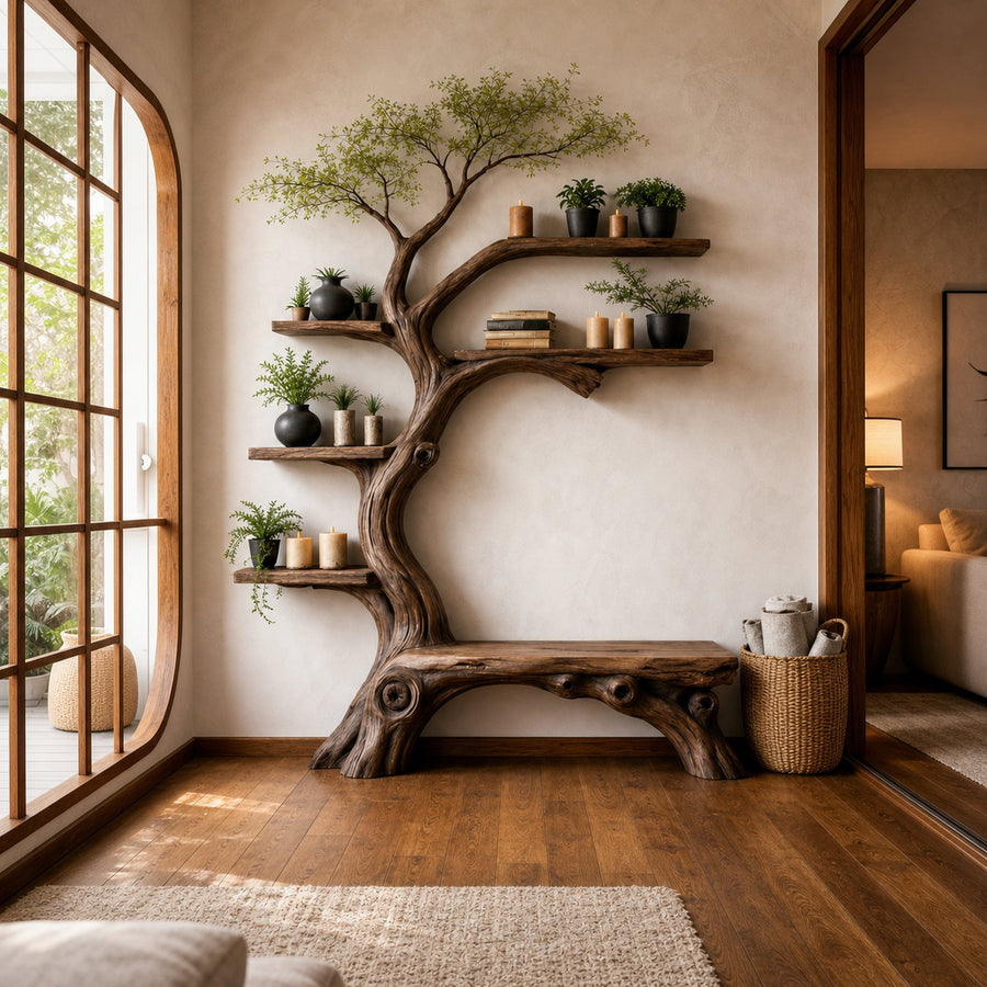 Rustic Artistic Tree Bookshelf Living Room Interior Signature Curved Design