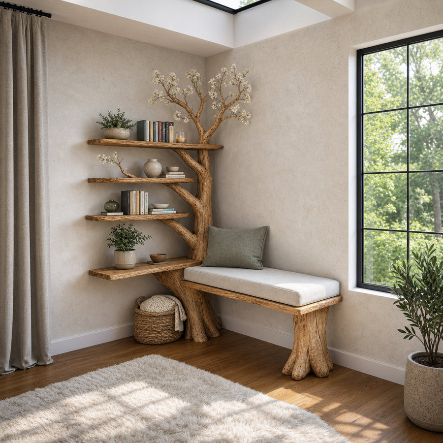 Rustic Artistic Tree Bookshelf With Bench Living Room Interior Statement Furniture