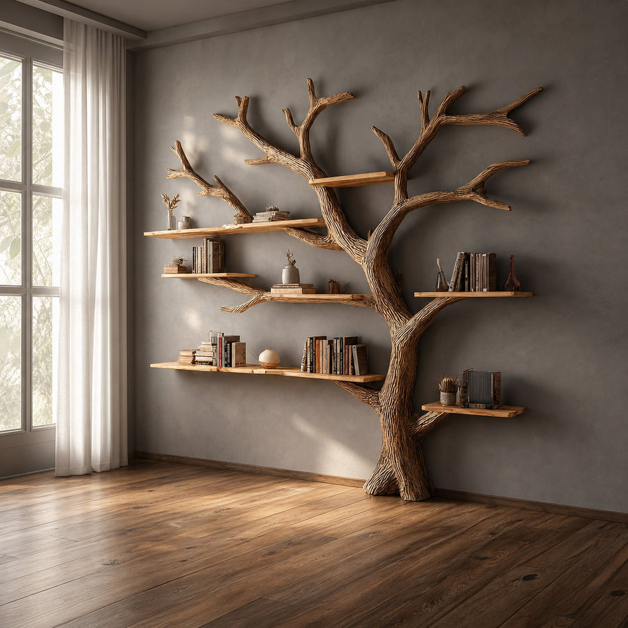 Rustic Artistic Tree Shelf Living Room Statement Decor