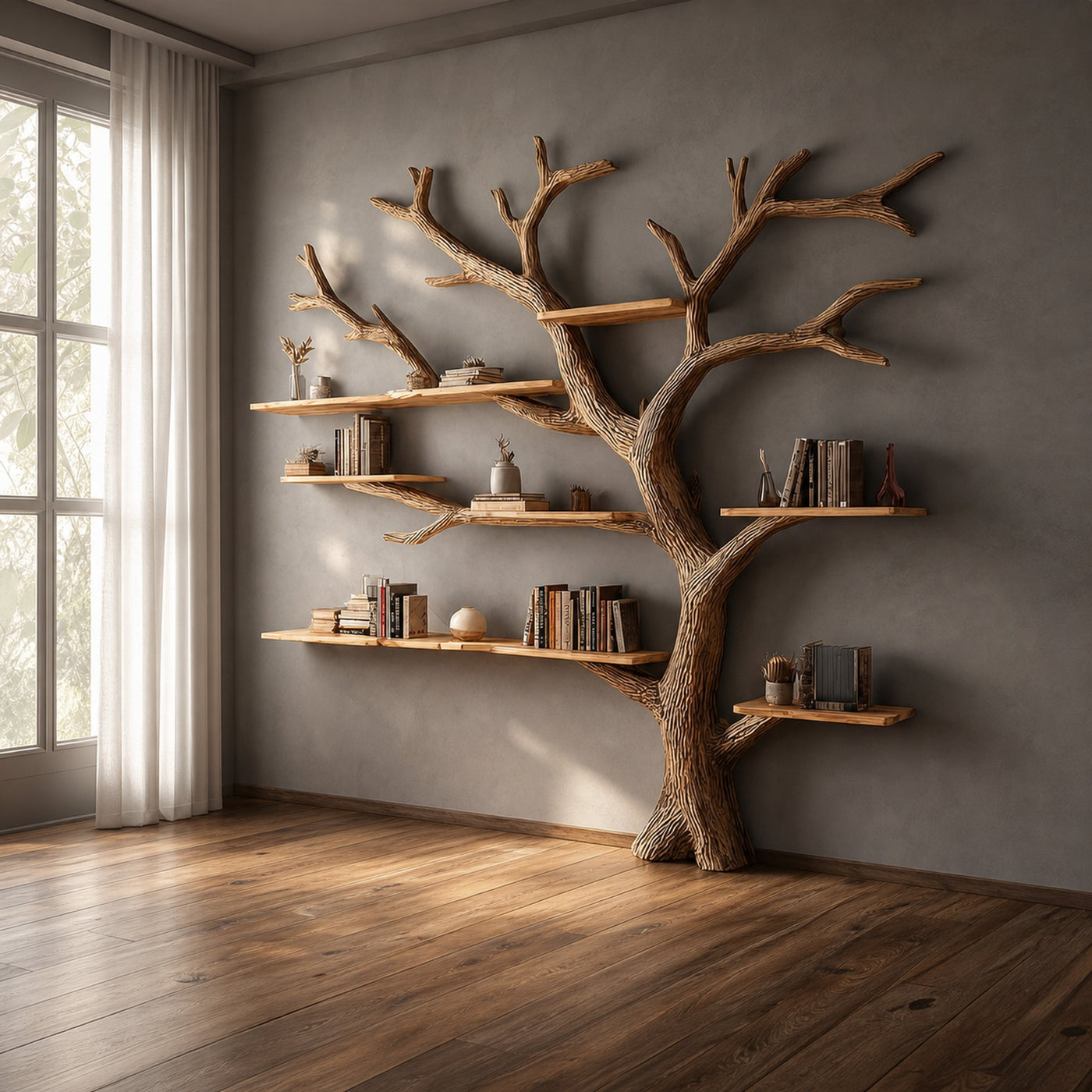 Rustic Artistic Tree Shelf Living Room Statement Decor