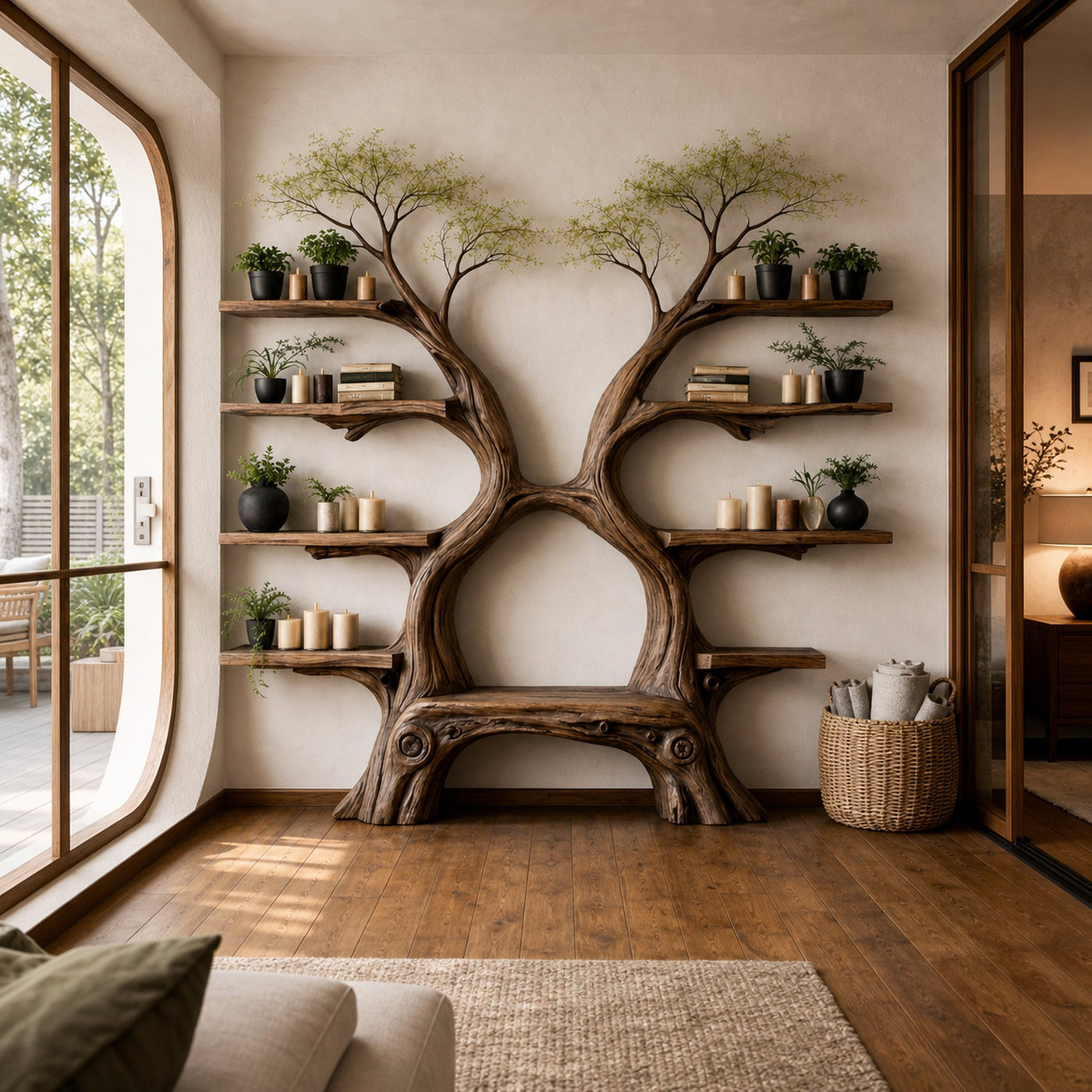 Rustic Artistic Twin Tree Bookshelf With Bench Living Room Interior Centerpiece