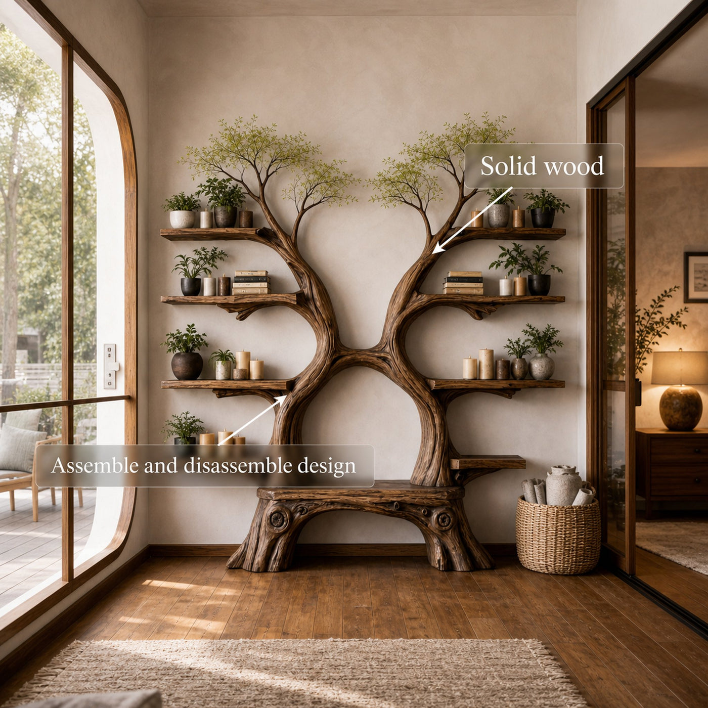 Rustic Artistic Twin Tree Bookshelf With Bench Living Room Interior Centerpiece - product view 3