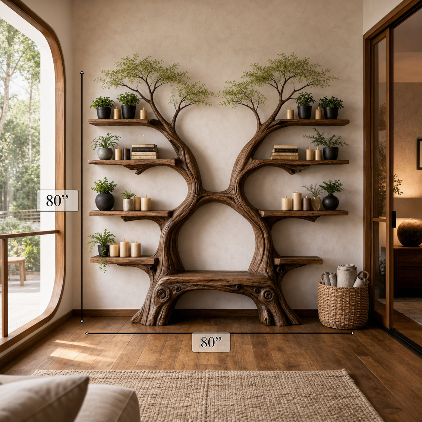 Rustic Artistic Twin Tree Bookshelf With Bench Living Room Interior Centerpiece - product view 4
