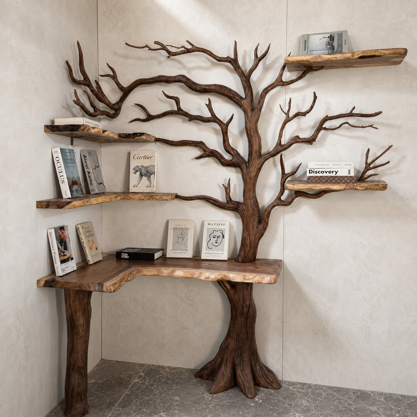Rustic Artistic Twin Tree Bookshelf With Bench Living Room Interior Centerpiece - product view 5