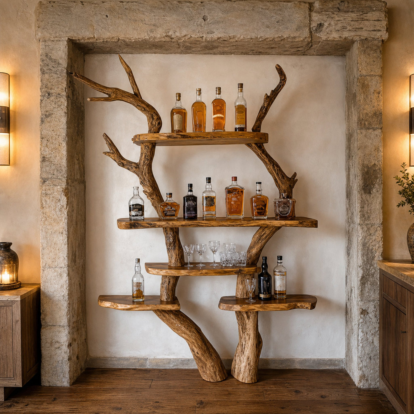 Rustic Bar Tree Shelf Living Room And Home Bar