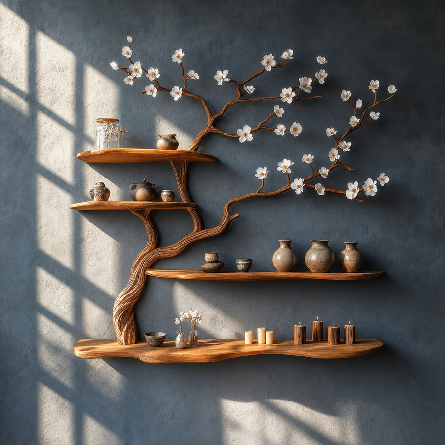 Rustic Blossom Floating Shelf Solid Wood Wall Art Living Room