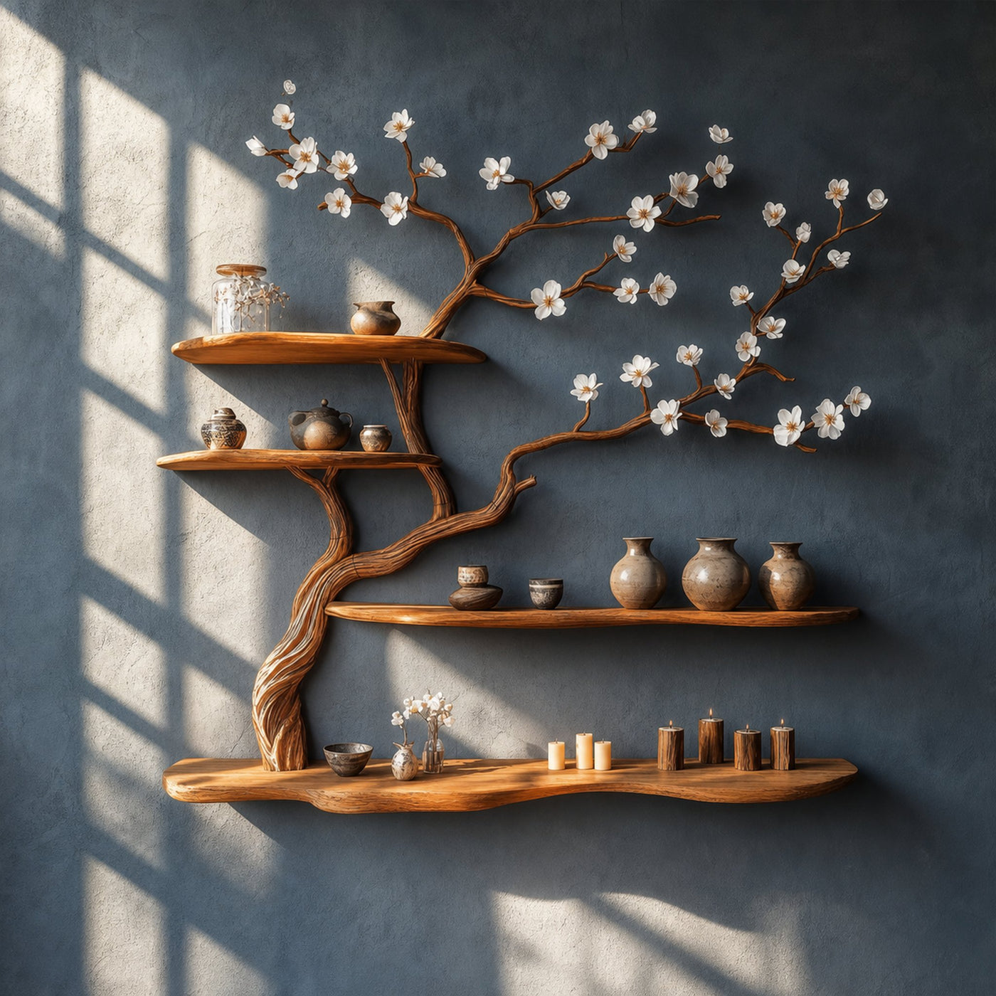Rustic Blossom Floating Shelf Solid Wood Wall Art Living Room