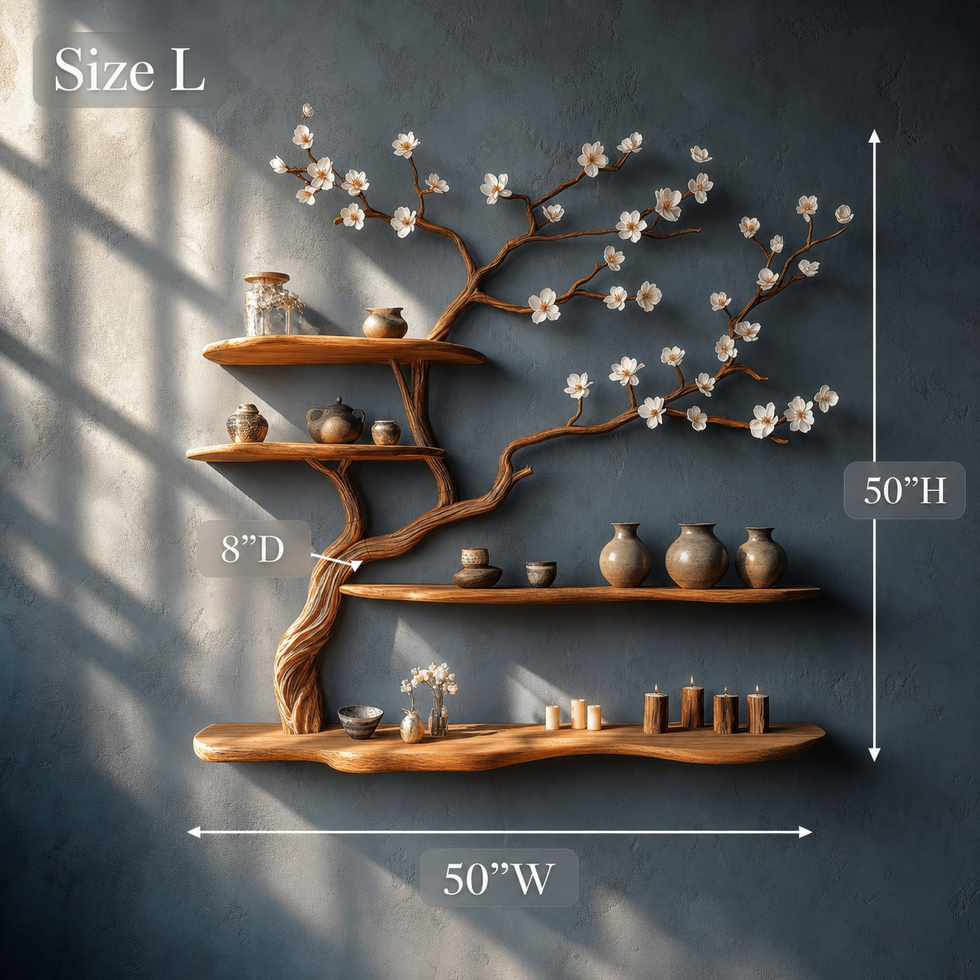 Rustic Blossom Floating Shelf Solid Wood Wall Art Living Room - product view 6